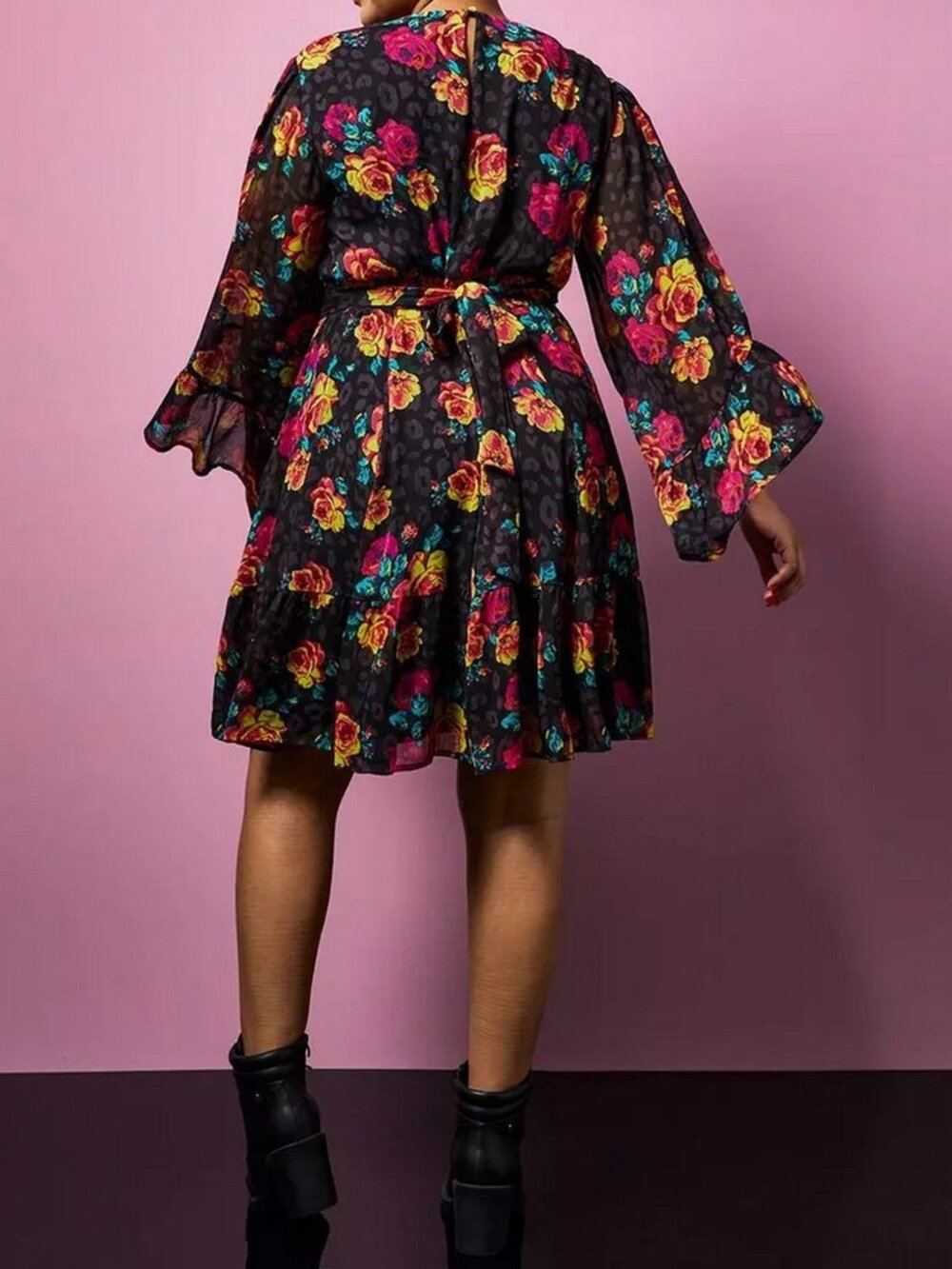 Torrid x Betsey Johnson Black Floral Leopard Crinkled Chiffon Mini Dress 0/L/12 - Picture 3 of 9